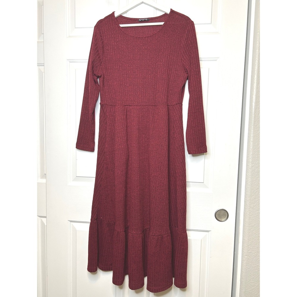 Bloomchic Ribbed Knit Midi Dress 12 Burgundy